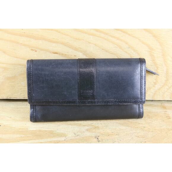 Coach Wallet Hamilton Signature Black Leather Continental Trifold Checkbook - Picture 1 of 12